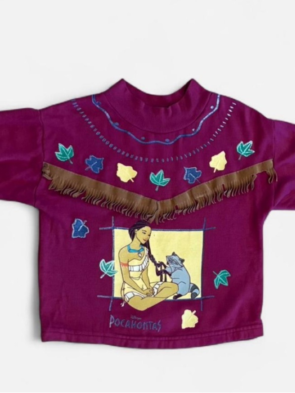Vintage Disney Pocahontas Graphic Print Burgundy Sweatshirt w/ Fringe Girl 4T
